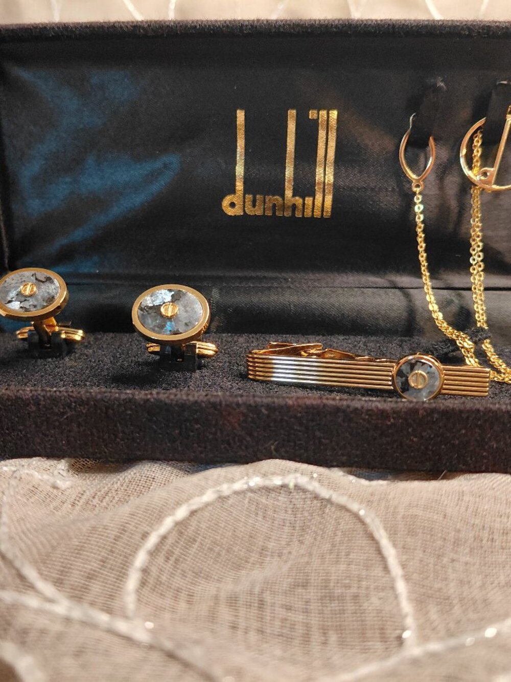 Vintage Dunhill Labradorite Cufflinks, Tie Bar & Tie Chain Set – Boxed original